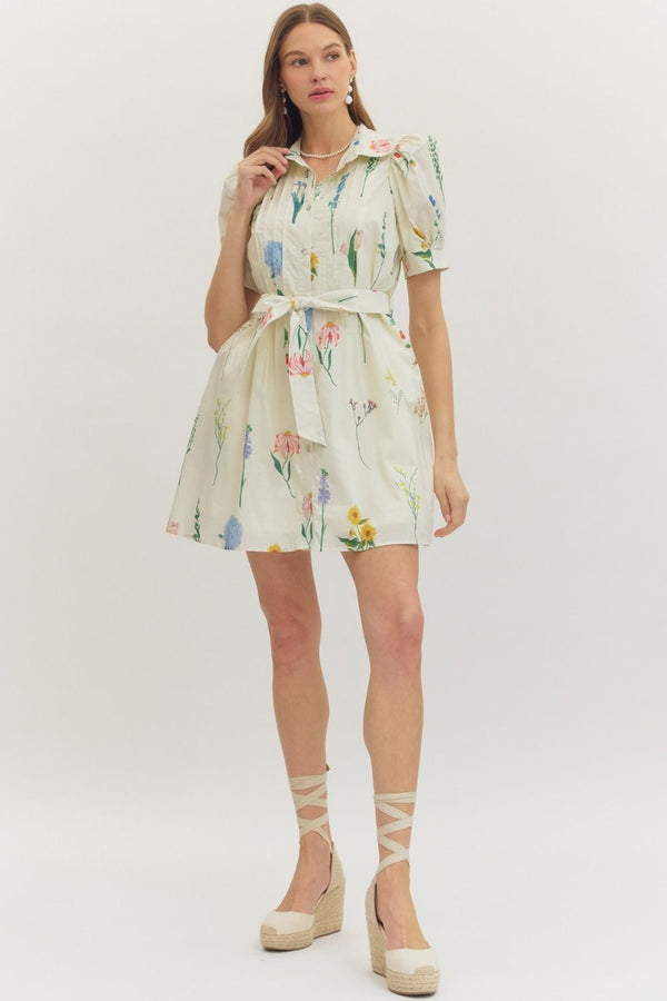 Botanical Pleated Tie Dress | Ecru