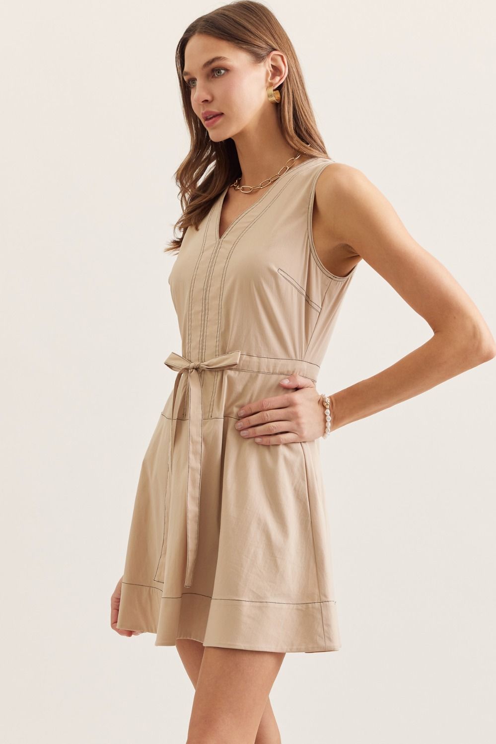 Top Stitch Detail Tie Waist Dress | Sand