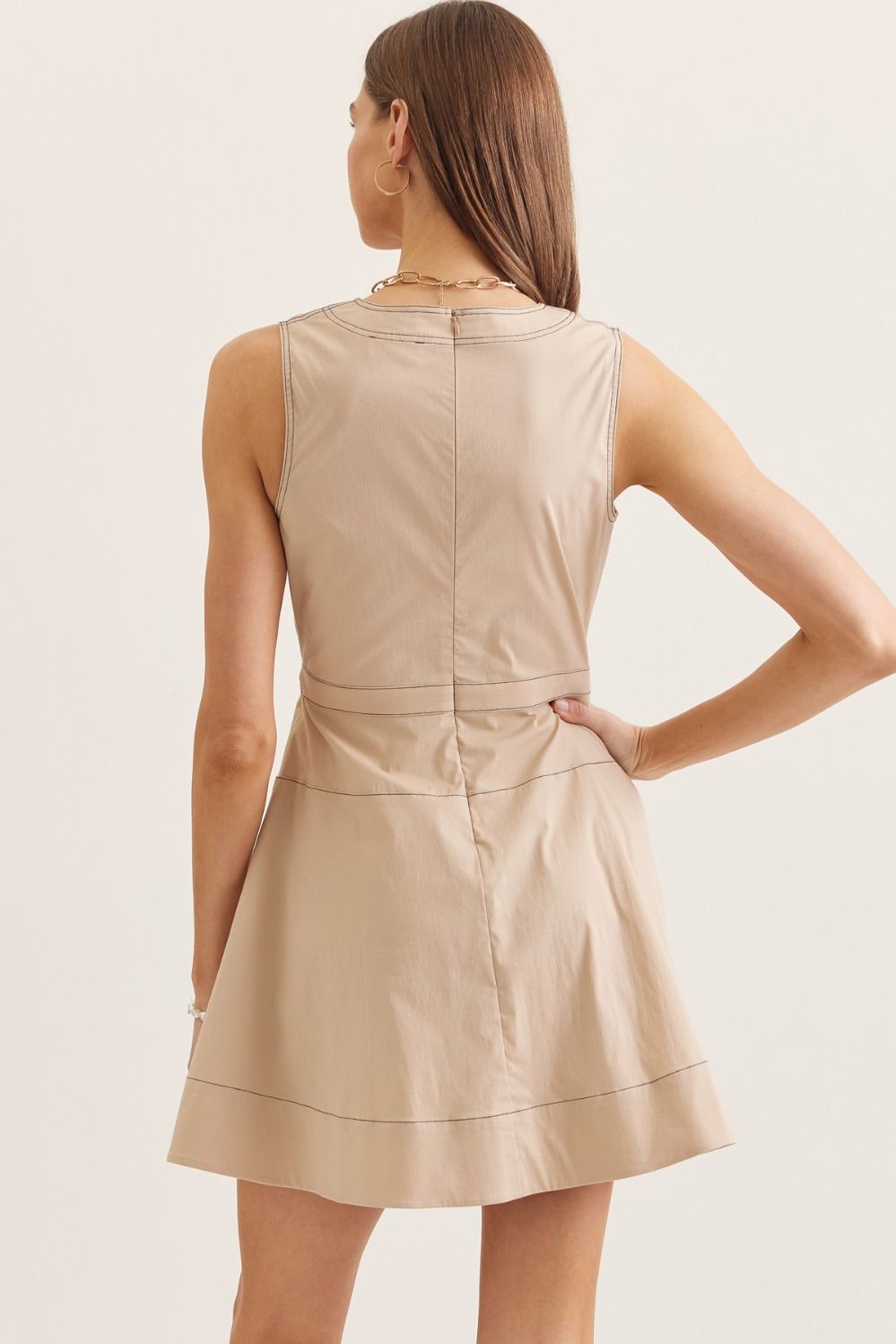 Top Stitch Detail Tie Waist Dress | Sand