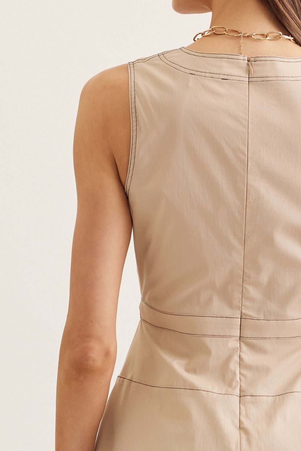 Top Stitch Detail Tie Waist Dress | Sand