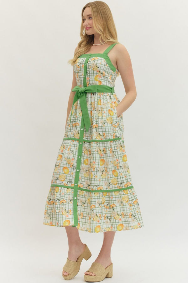 Fruit Botanical Shoulder Tie Midi Dress | Green