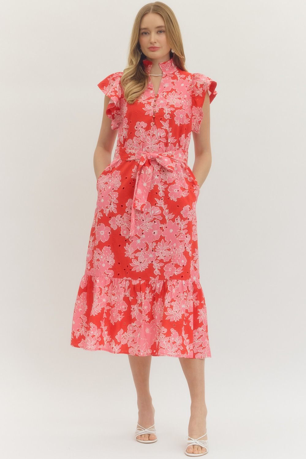 Floral Print Belted Waist Midi Dress | Pink/Red