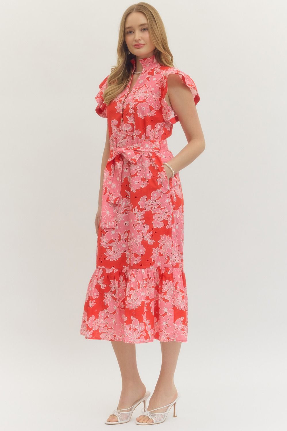 Floral Print Belted Waist Midi Dress | Pink/Red