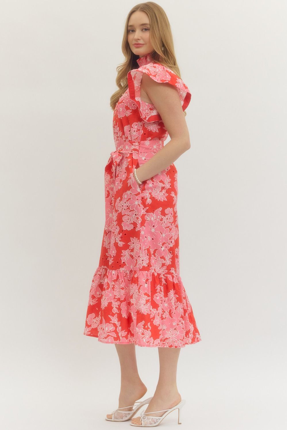 Floral Print Belted Waist Midi Dress | Pink/Red