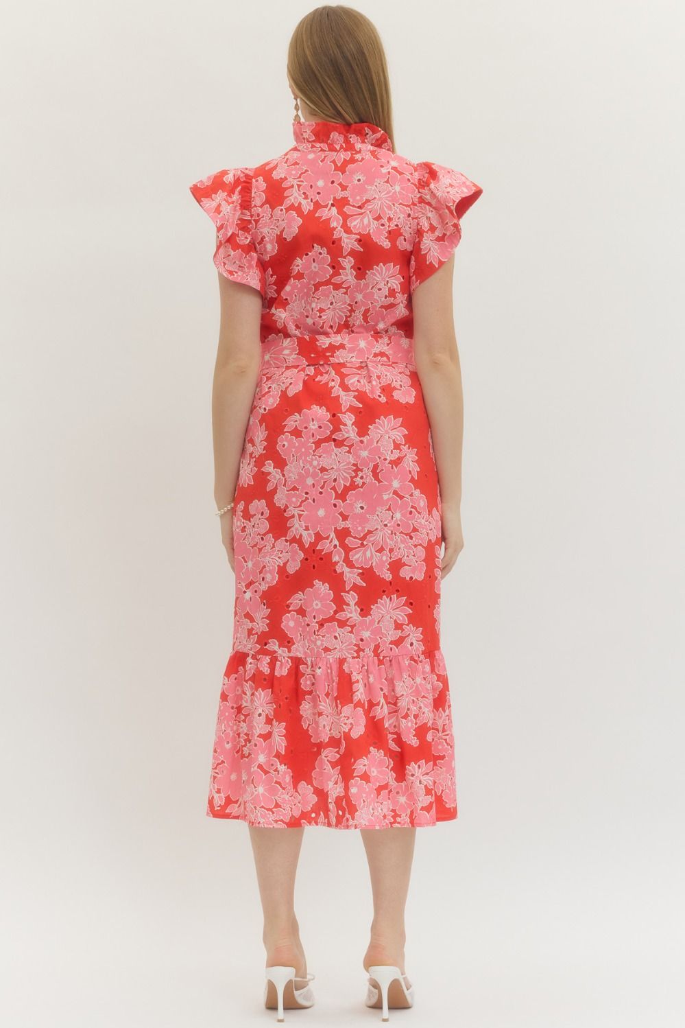 Floral Print Belted Waist Midi Dress | Pink/Red