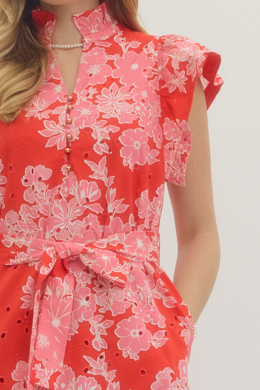 Floral Print Belted Waist Midi Dress | Pink/Red