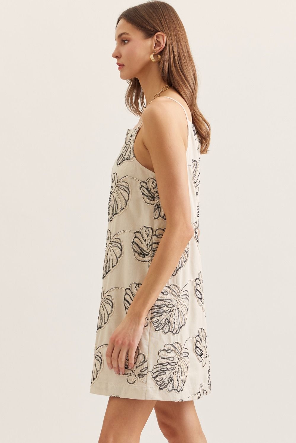 Embroidered Palm Leaf Linen Dress | Black