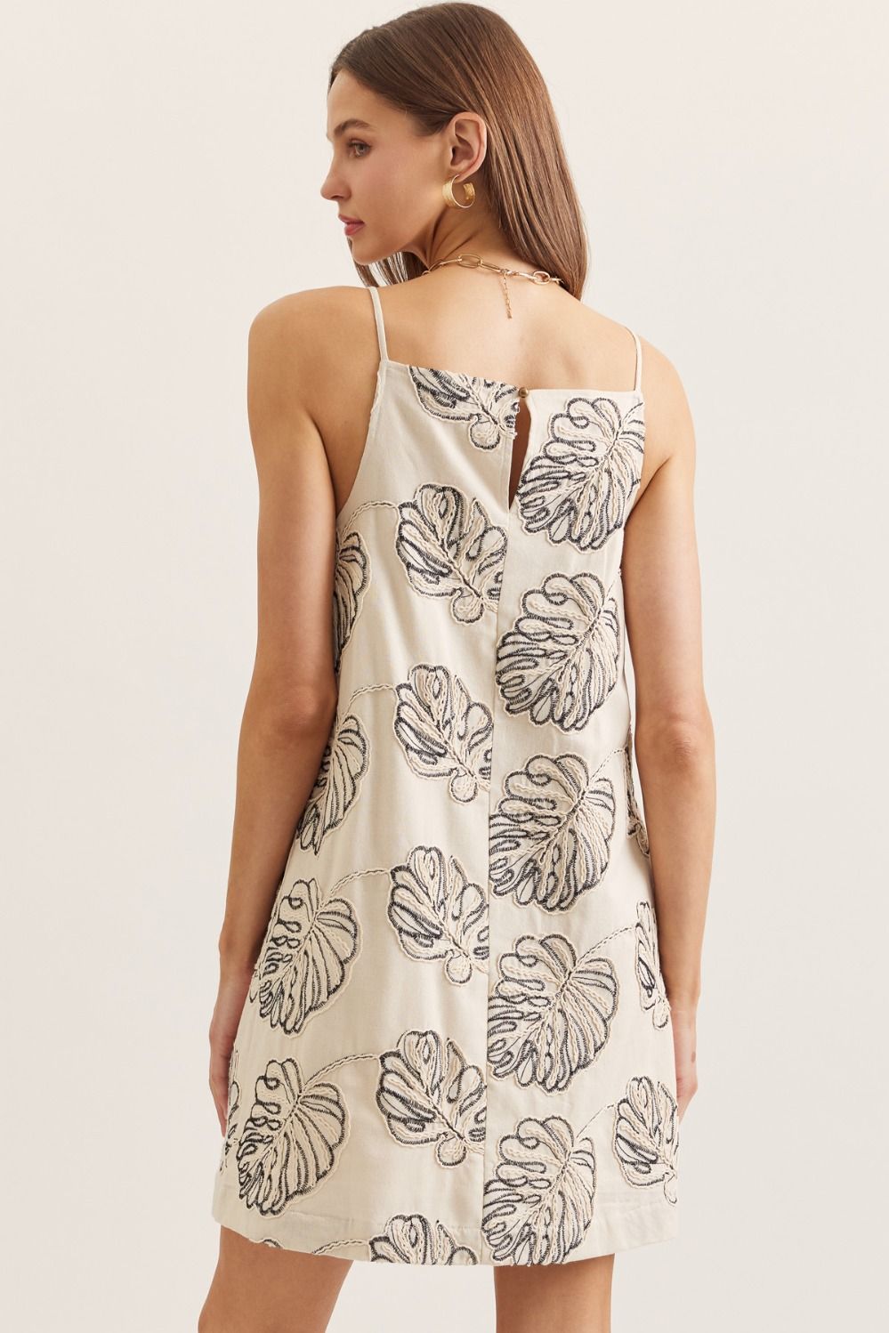 Embroidered Palm Leaf Linen Dress | Black