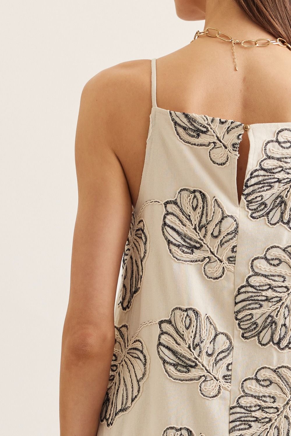 Embroidered Palm Leaf Linen Dress | Black