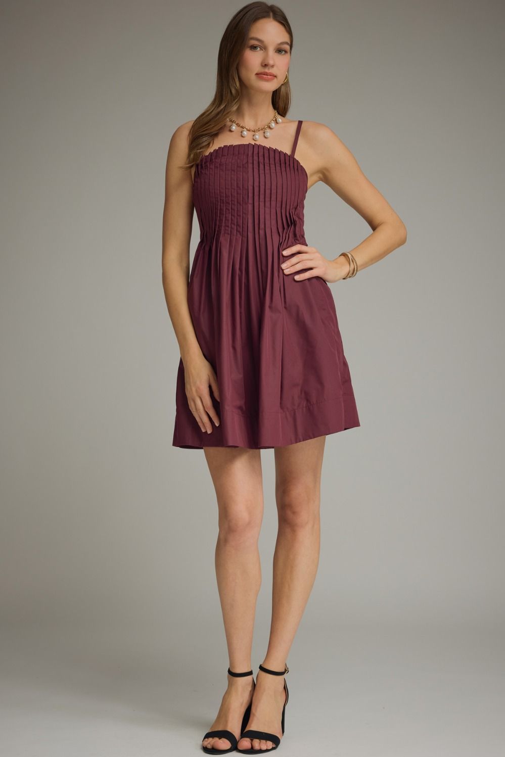 Pleated Bodice Spaghetti Strap Dress | Merlot