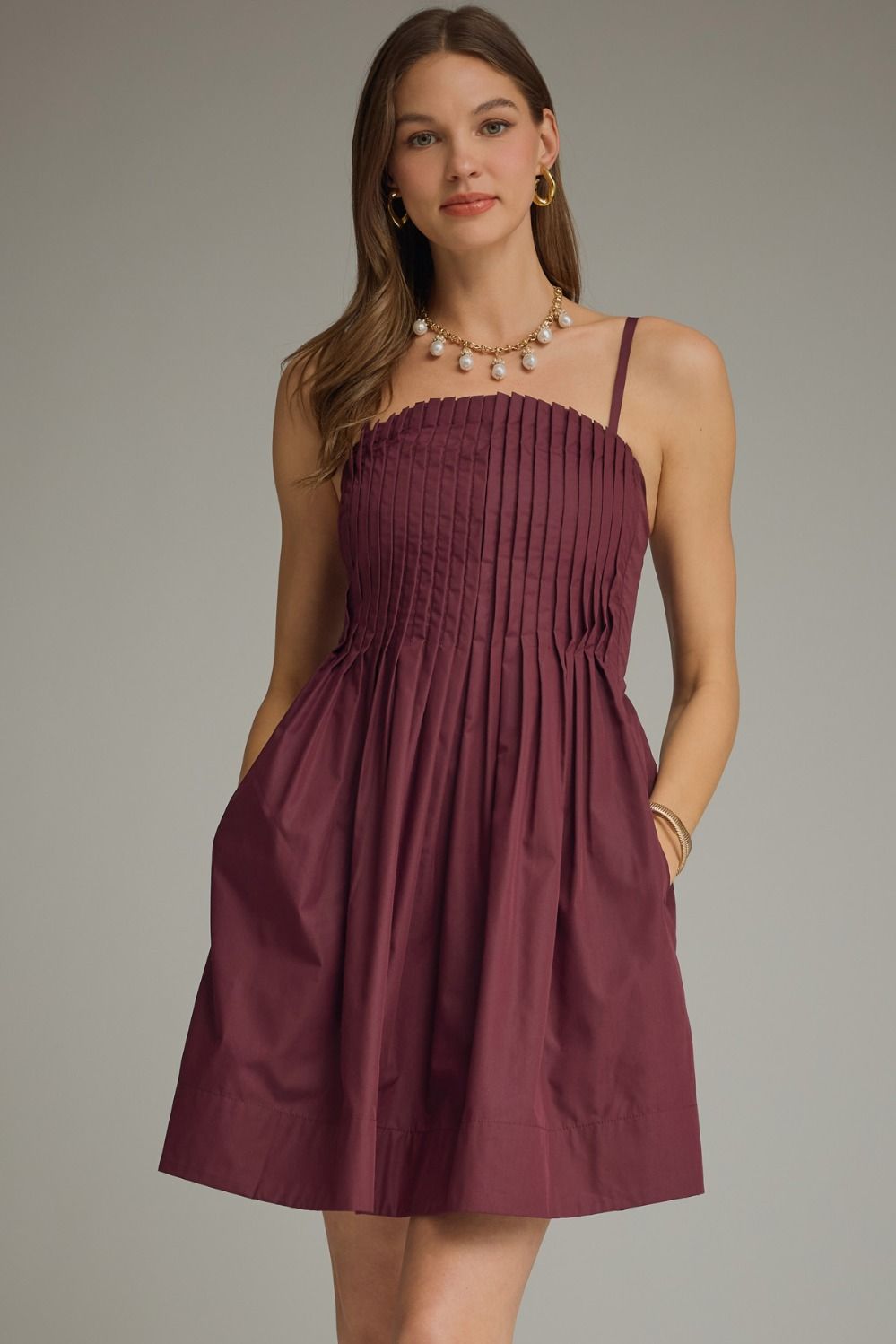 Pleated Bodice Spaghetti Strap Dress | Merlot