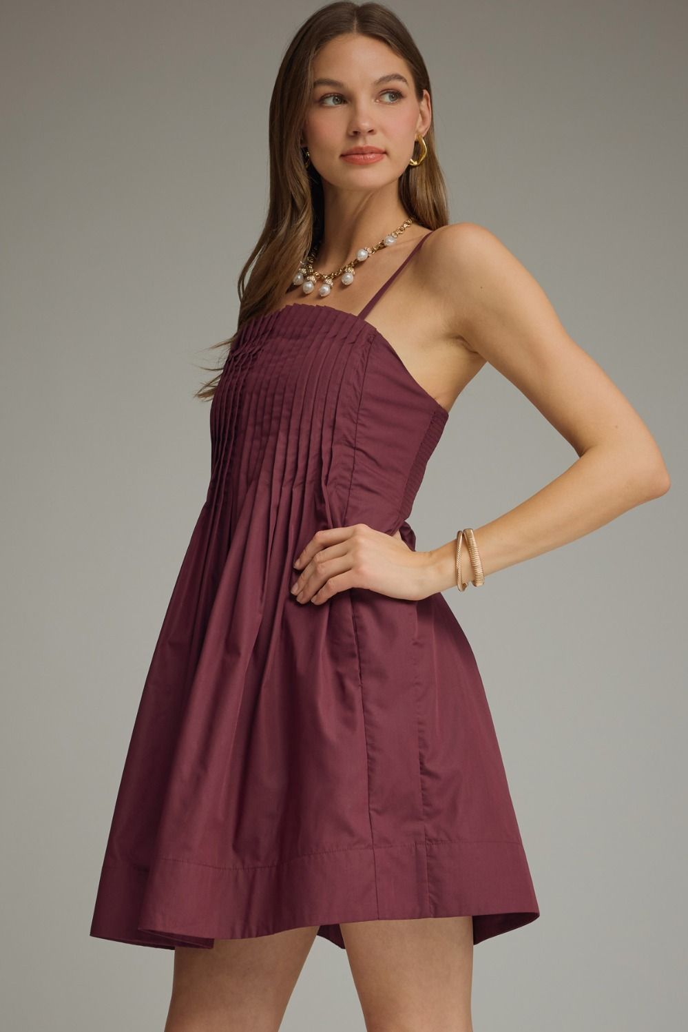 Pleated Bodice Spaghetti Strap Dress | Merlot