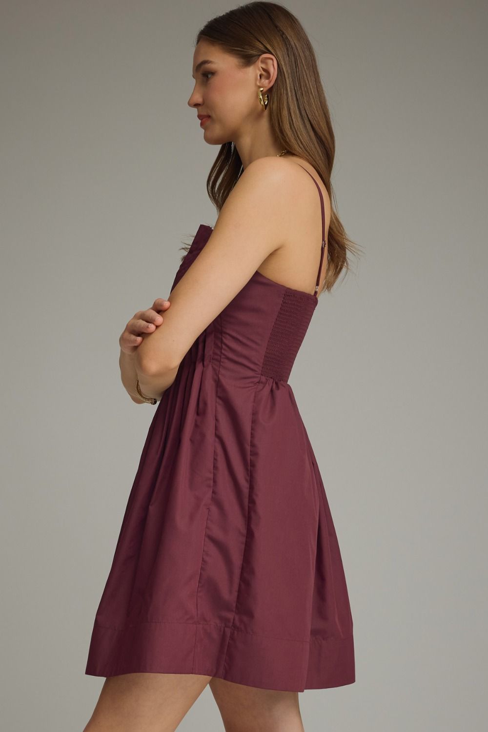 Pleated Bodice Spaghetti Strap Dress | Merlot