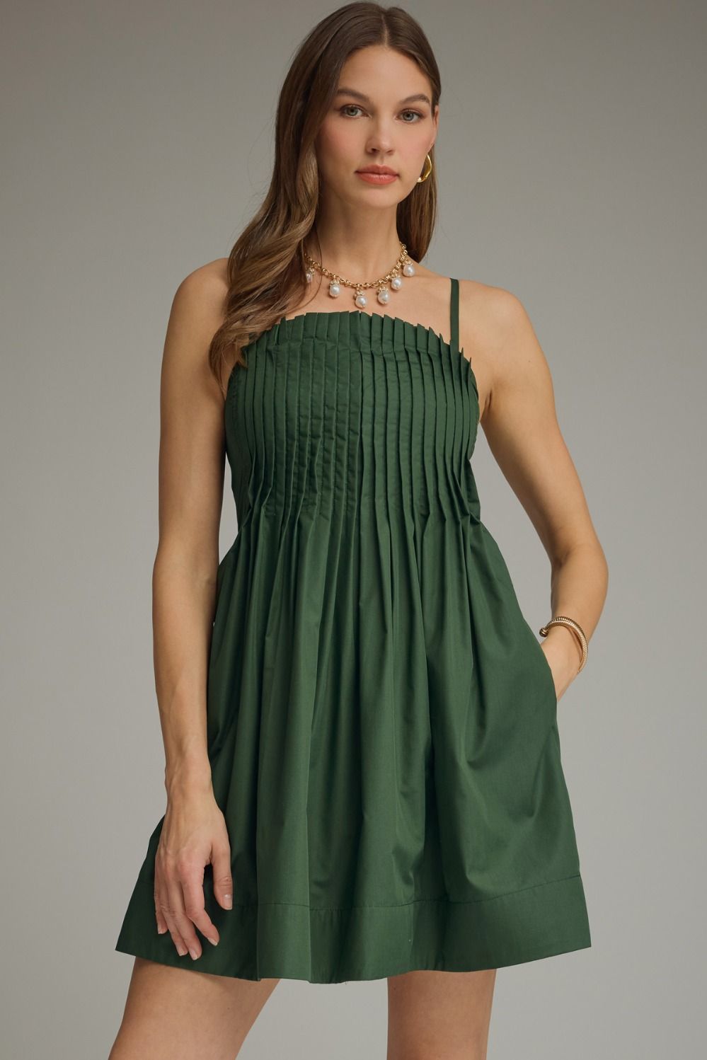 Pleated Bodice Spaghetti Strap Dress | Hunter Green