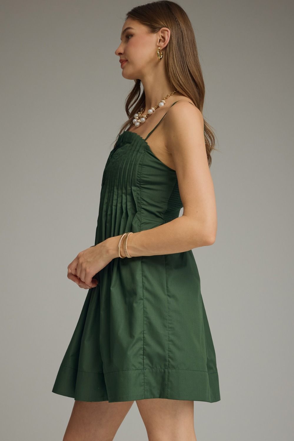 Pleated Bodice Spaghetti Strap Dress | Hunter Green