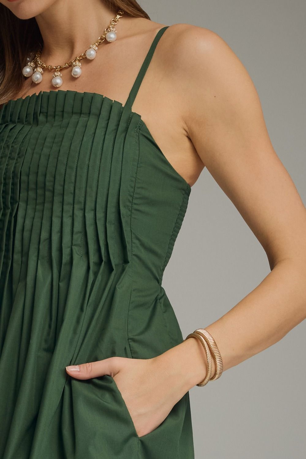 Pleated Bodice Spaghetti Strap Dress | Hunter Green