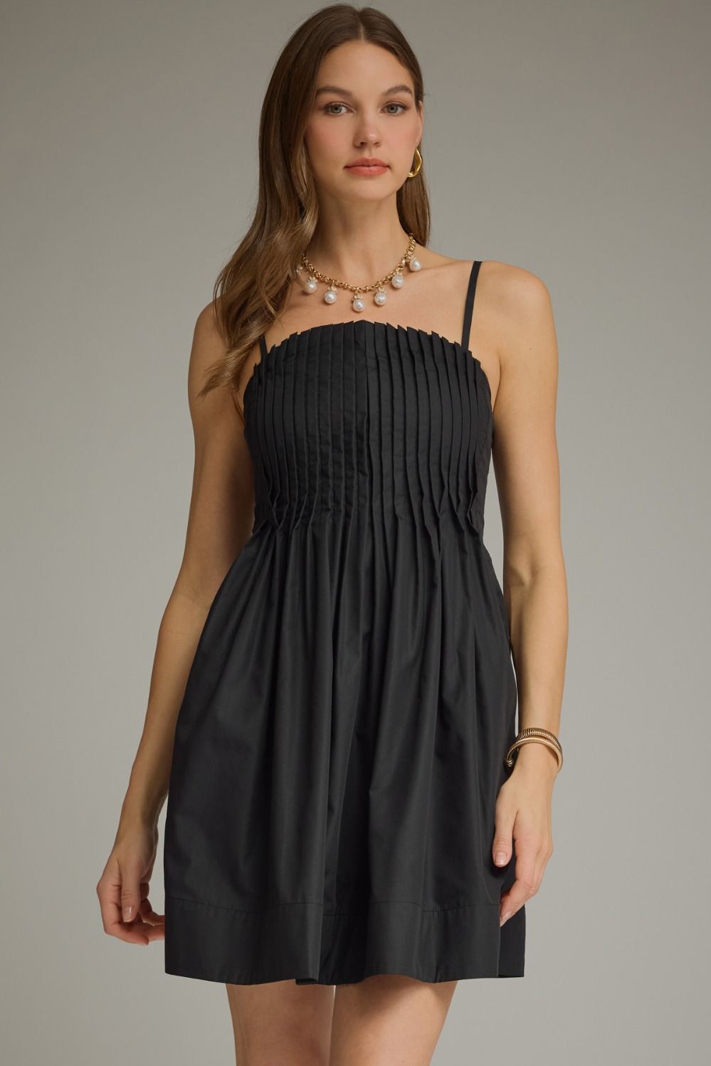 Pleated Bodice Spaghetti Strap Dress | Black