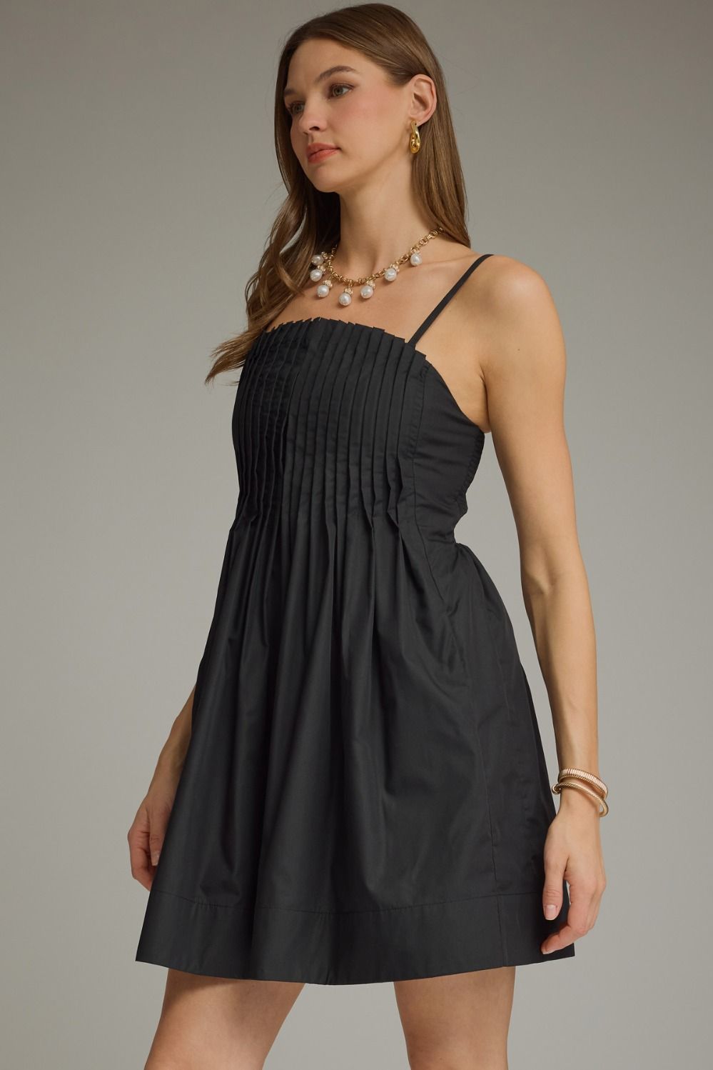 Pleated Bodice Spaghetti Strap Dress | Black