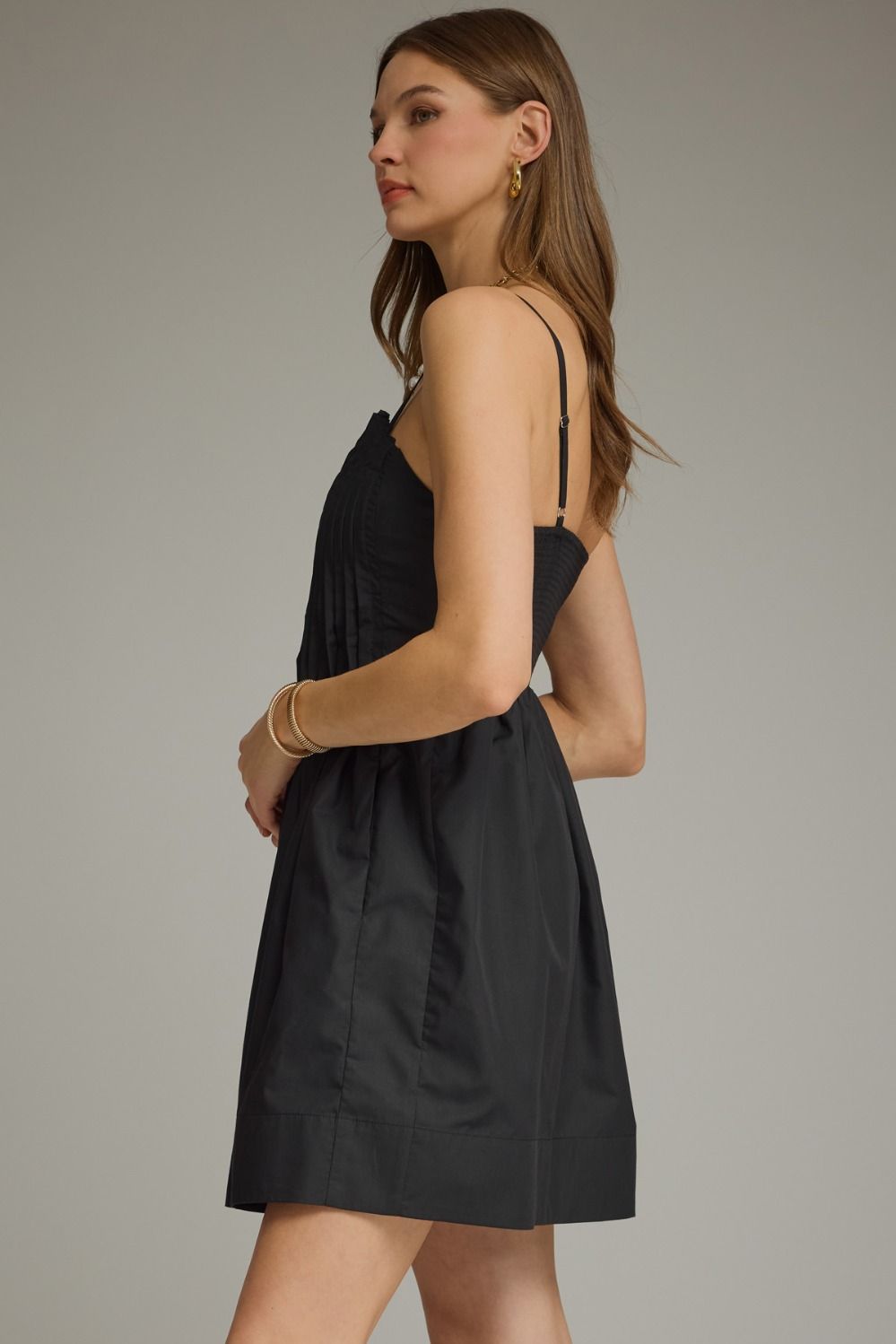 Pleated Bodice Spaghetti Strap Dress | Black