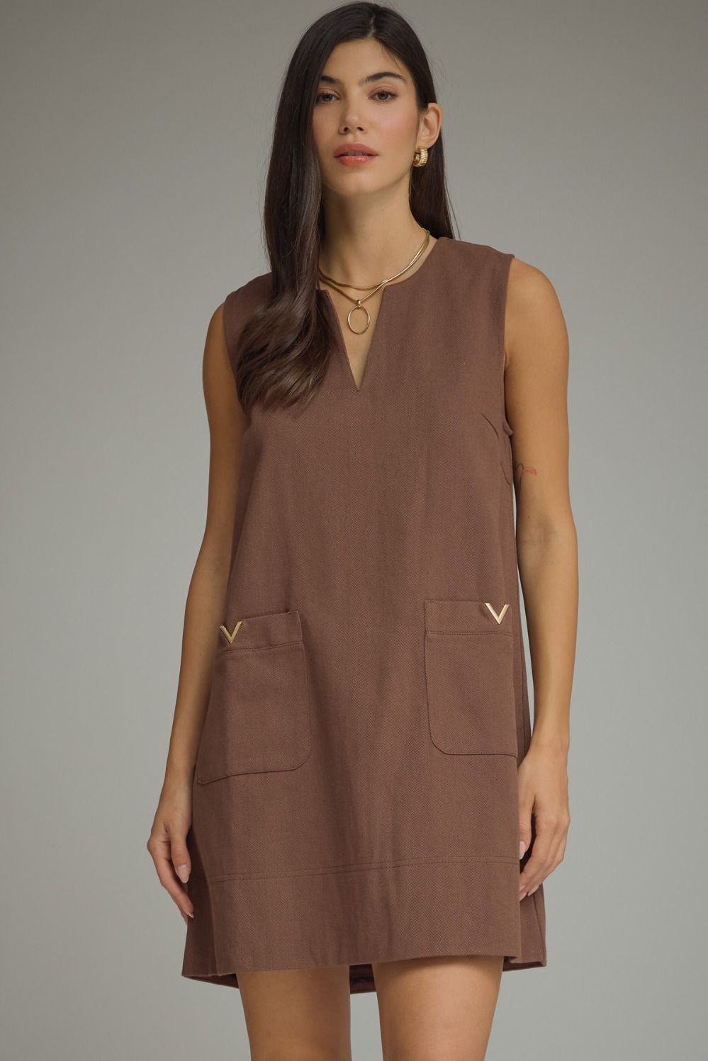 Solid Sleeveless Mini Dress | Brown