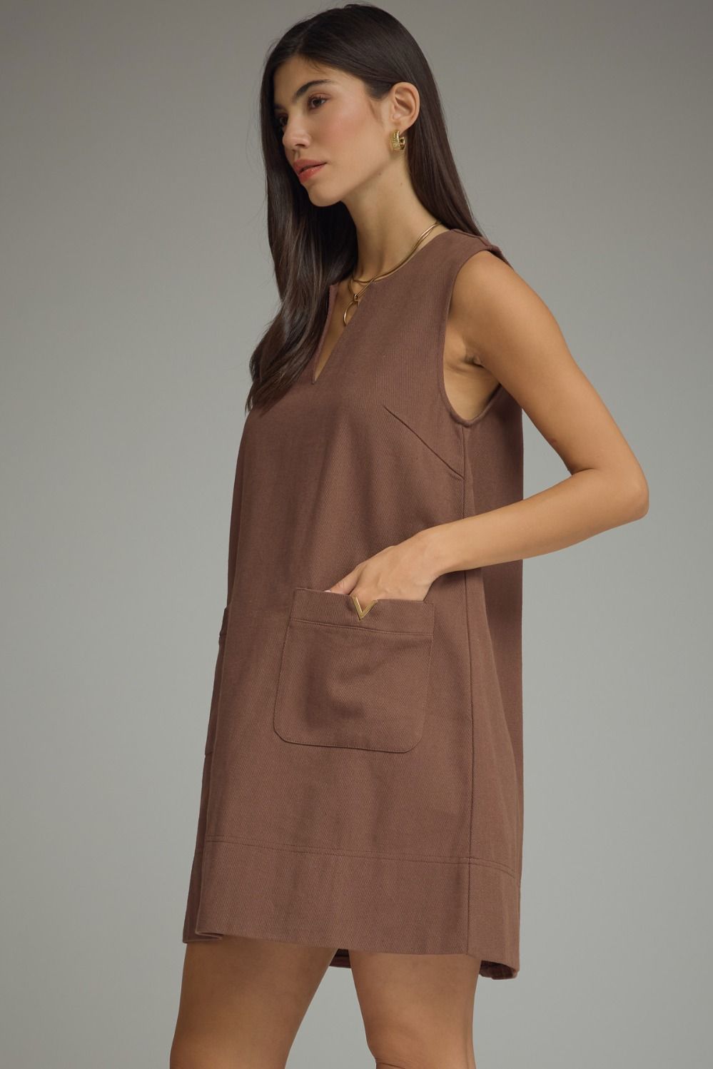 Solid Sleeveless Mini Dress | Brown