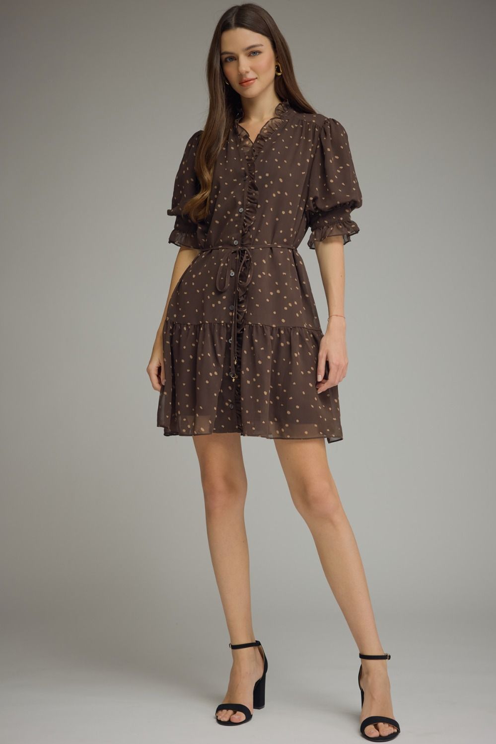 Polka Dot Ruffle Trim Dress | Brown