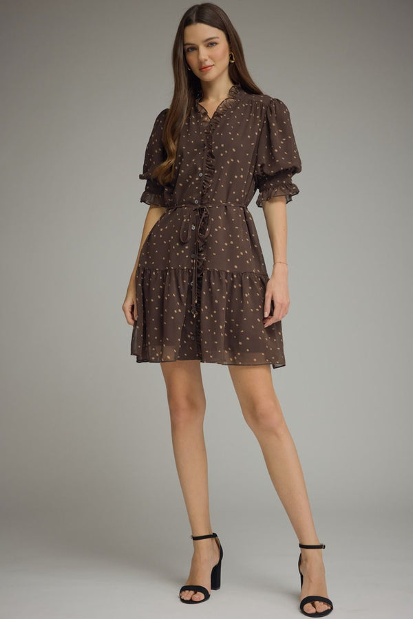 Polka Dot Ruffle Trim Dress | Brown