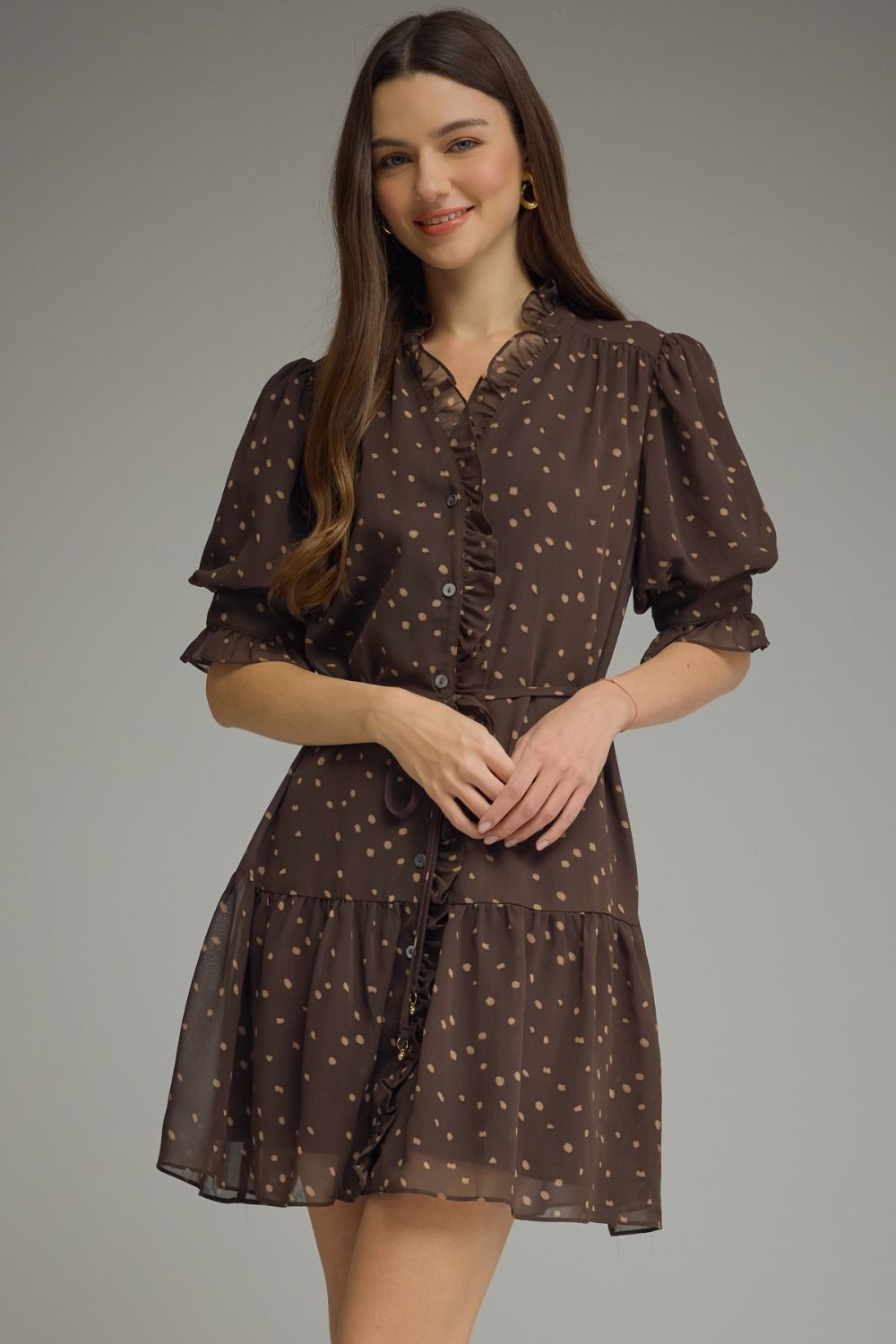 Polka Dot Ruffle Trim Dress | Brown