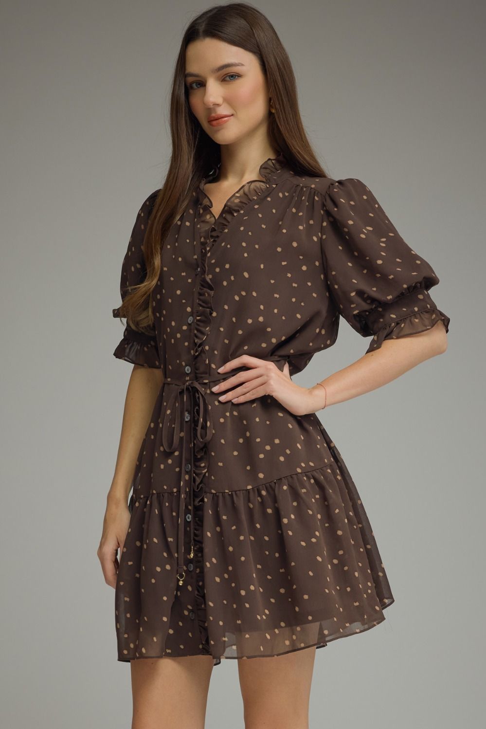 Polka Dot Ruffle Trim Dress | Brown