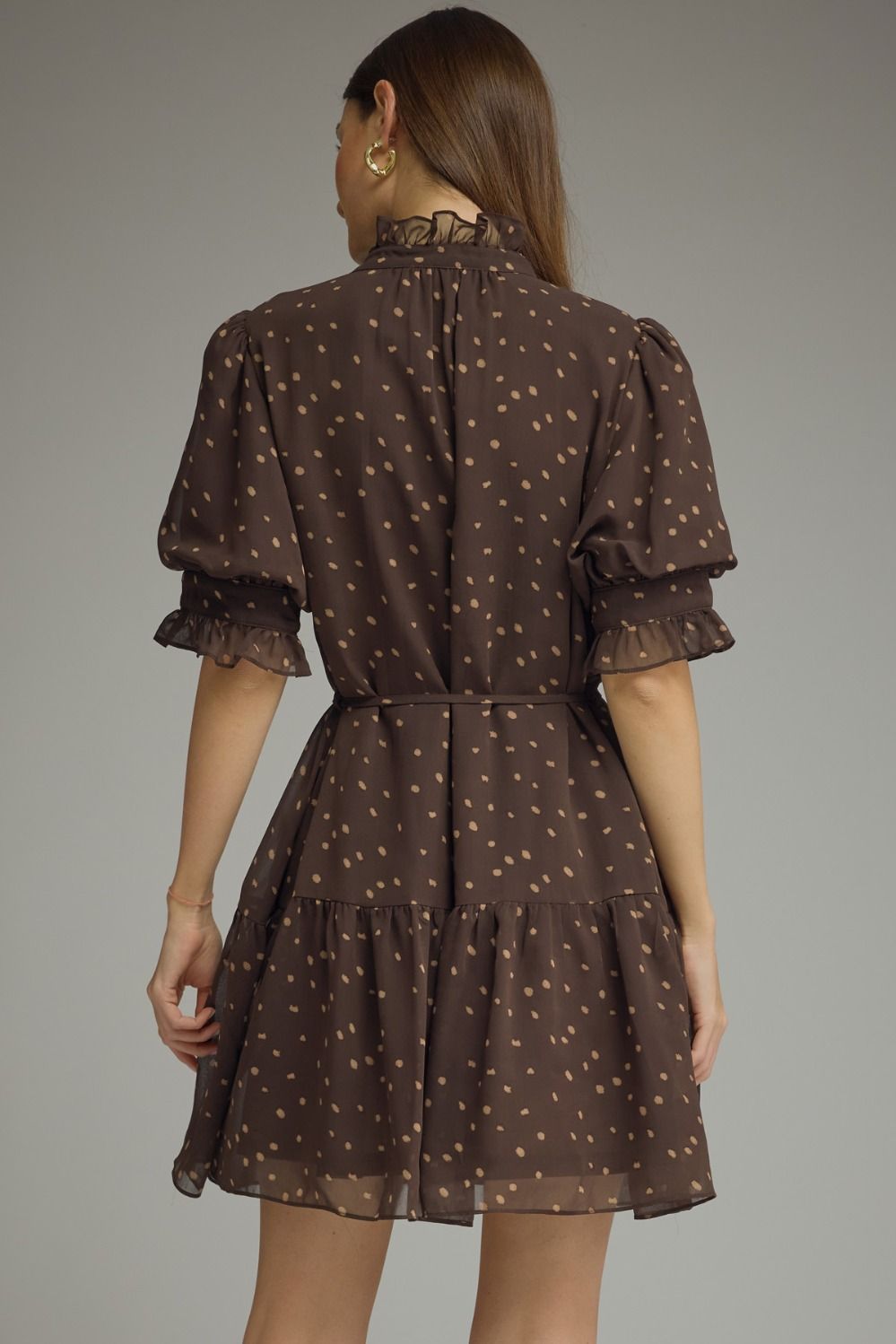 Polka Dot Ruffle Trim Dress | Brown