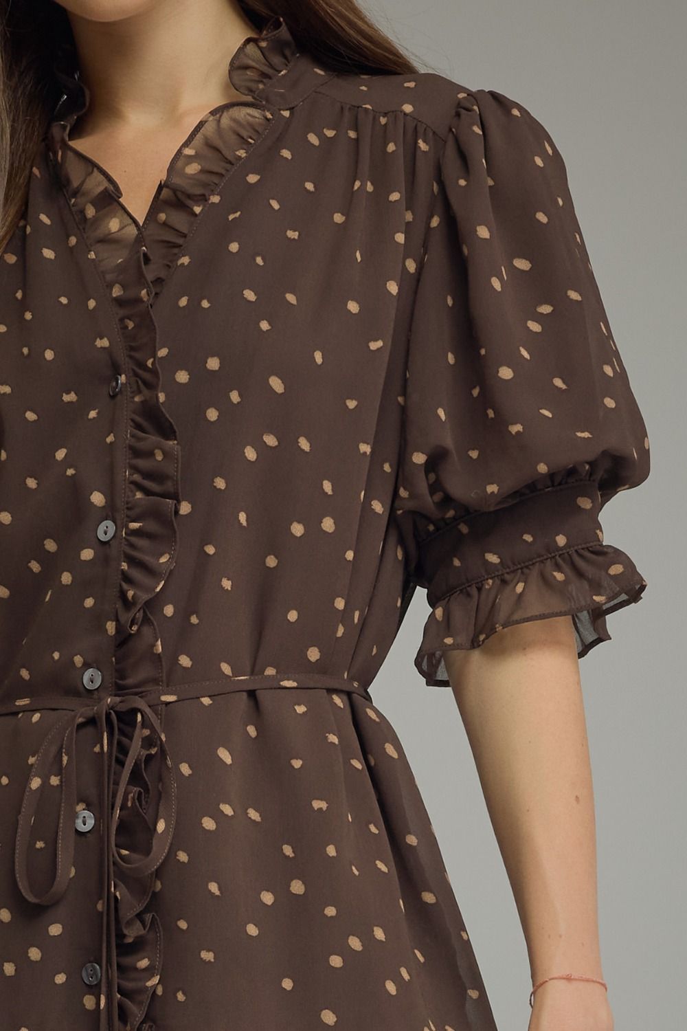 Polka Dot Ruffle Trim Dress | Brown
