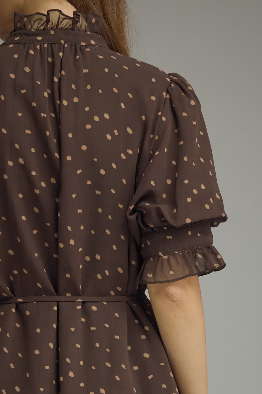 Polka Dot Ruffle Trim Dress | Brown