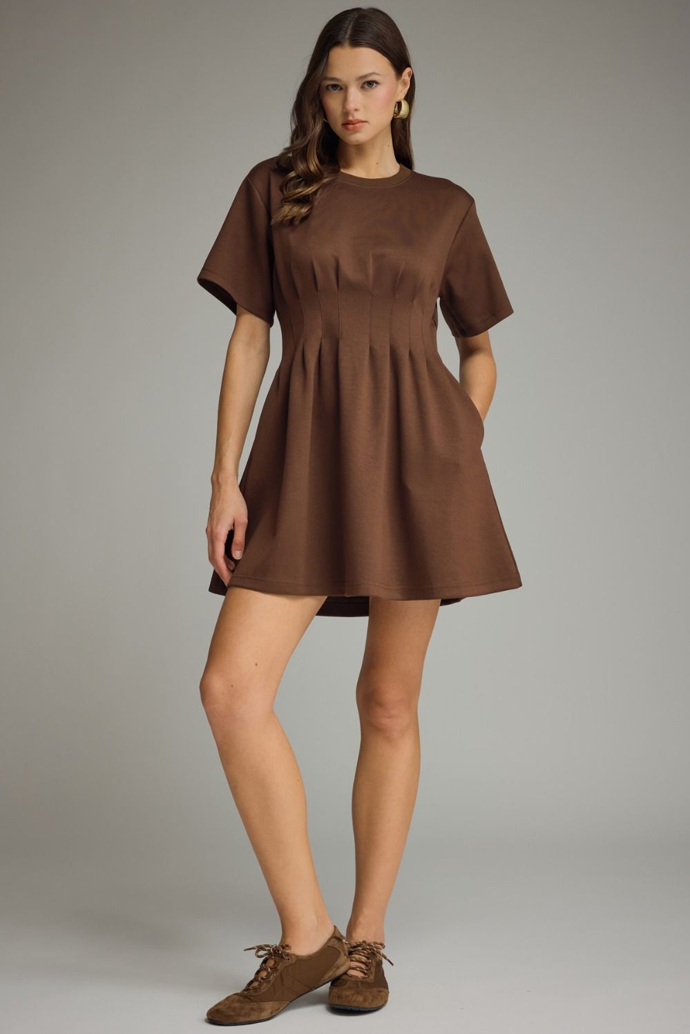 Solid Pintuck Waist Dress | Brown
