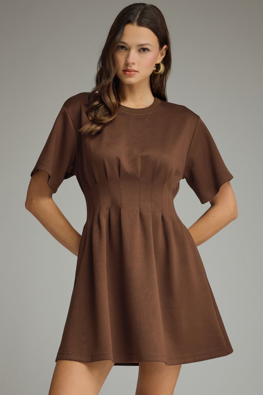 Solid Pintuck Waist Dress | Brown
