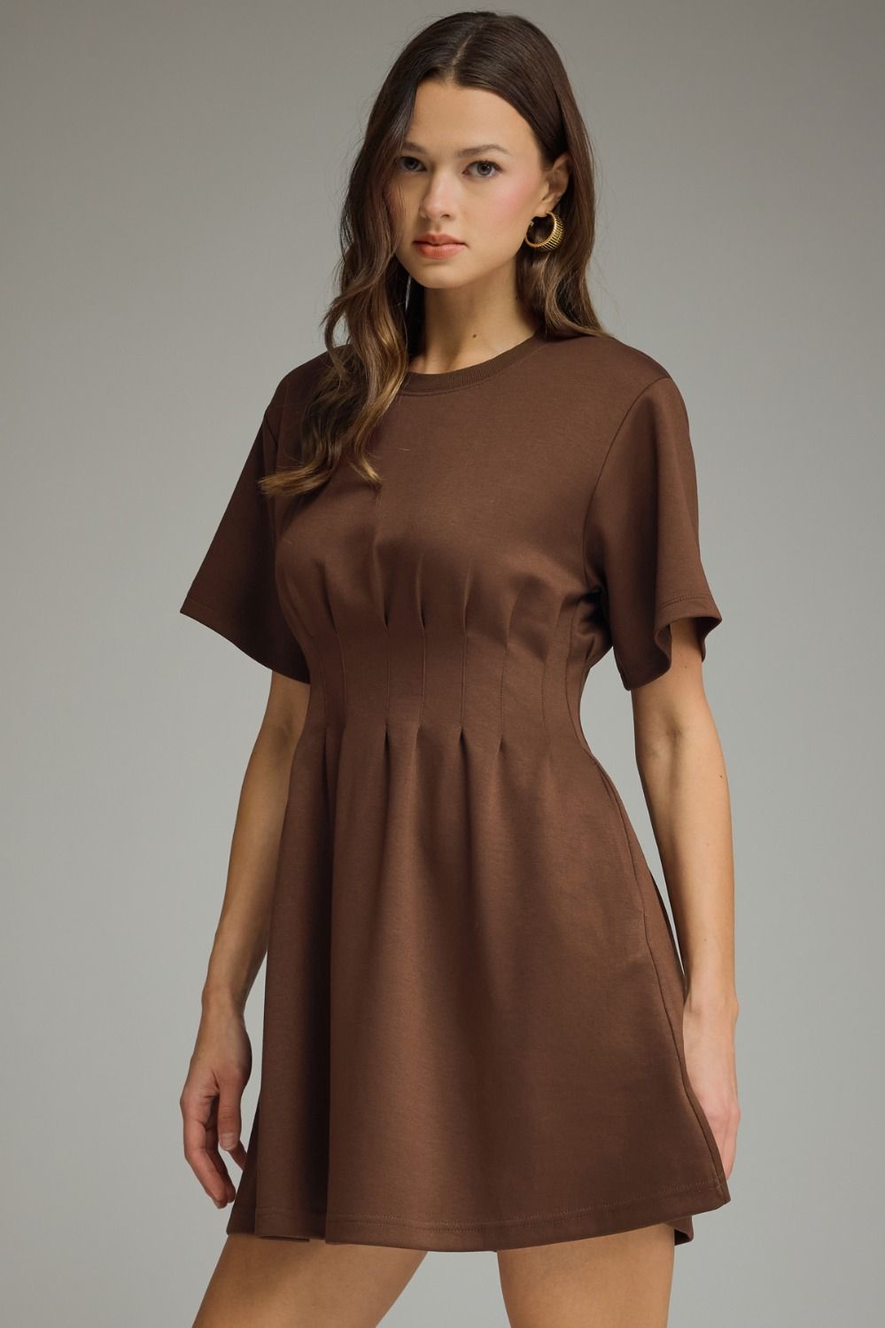 Solid Pintuck Waist Dress | Brown