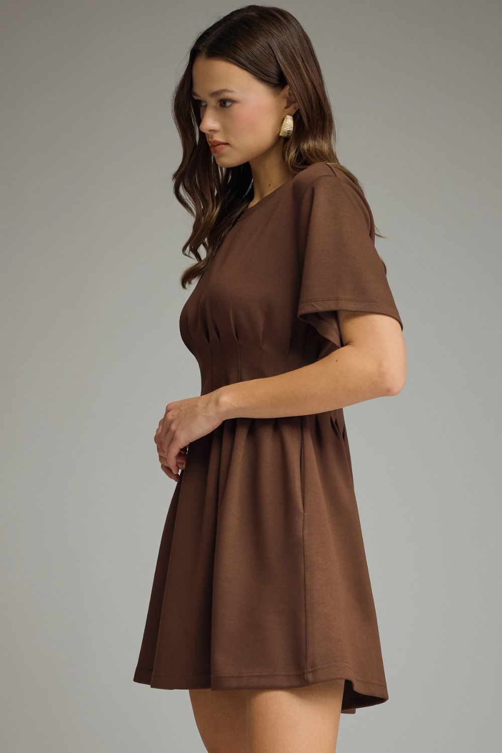 Solid Pintuck Waist Dress | Brown