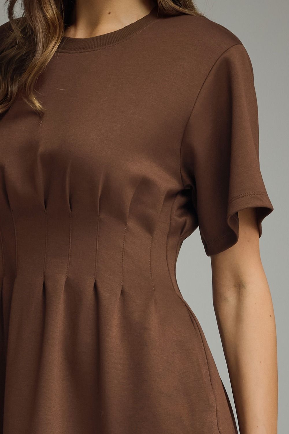 Solid Pintuck Waist Dress | Brown