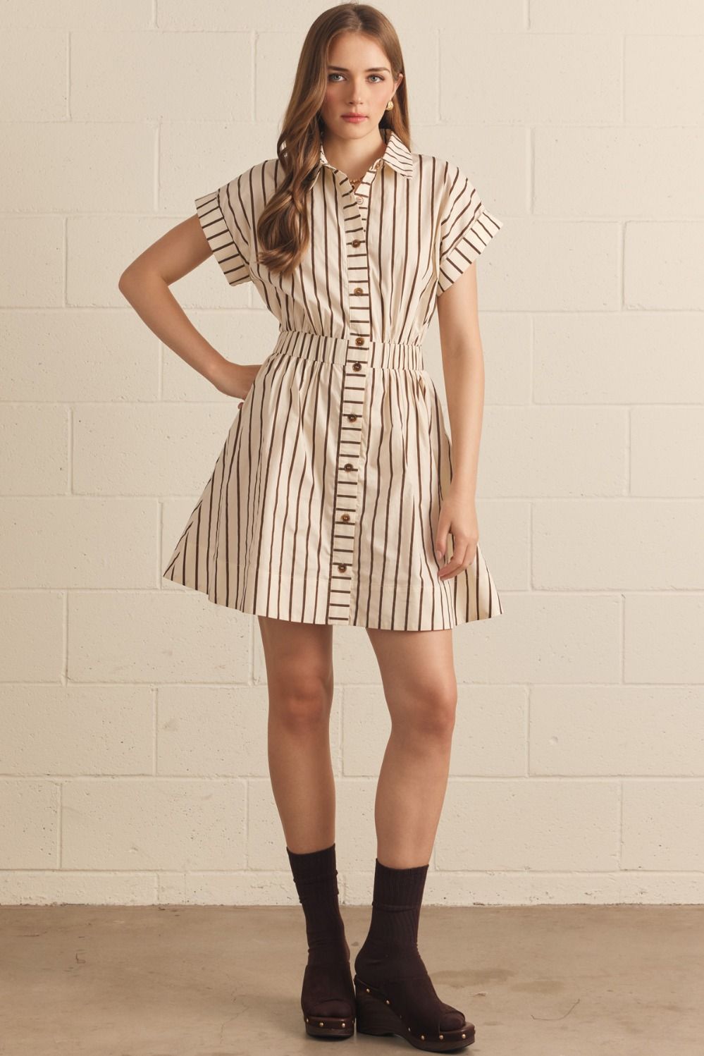 Stripe Collared Dress | Cream/Brown