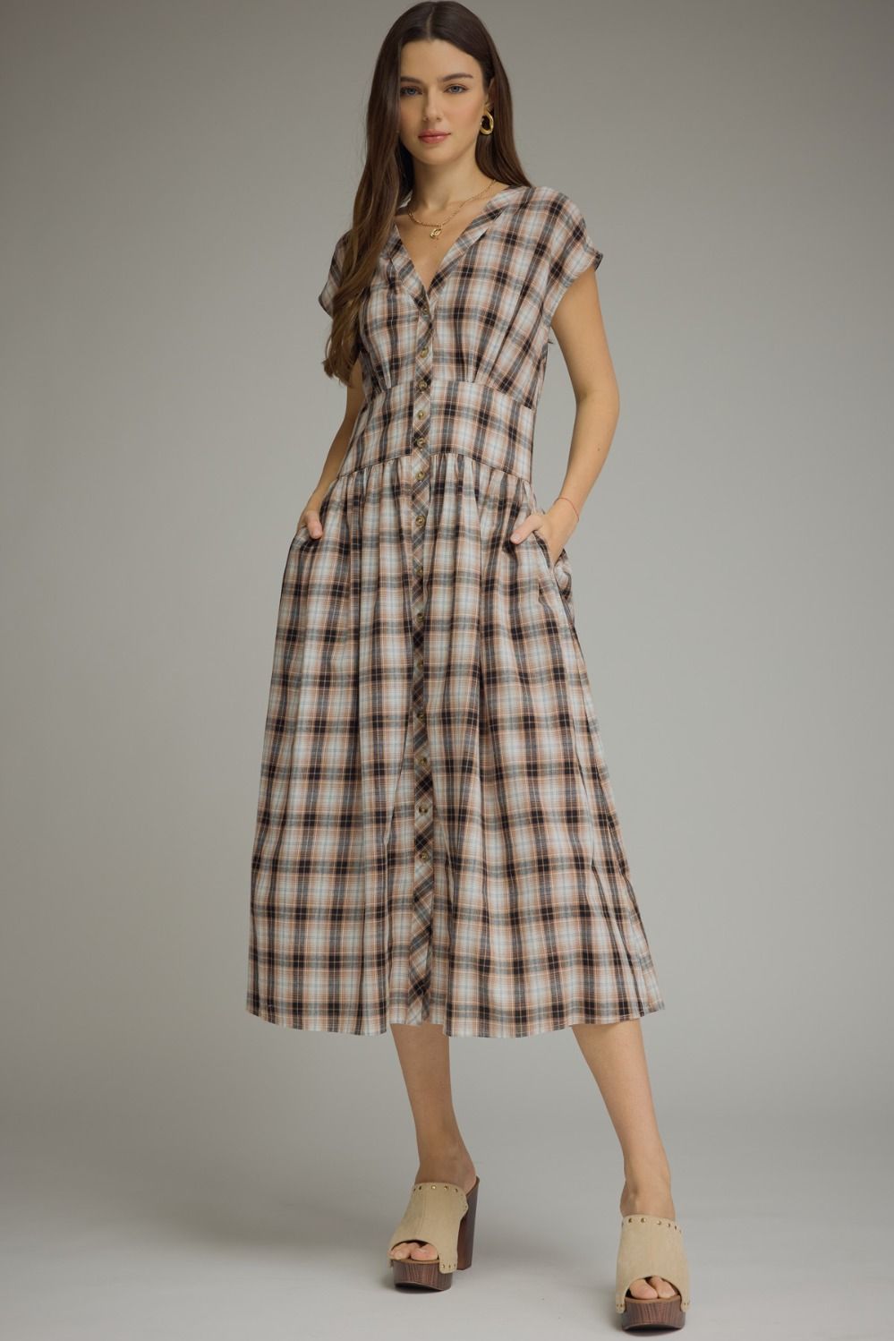 Plaid Button Midi Dress | Mocha