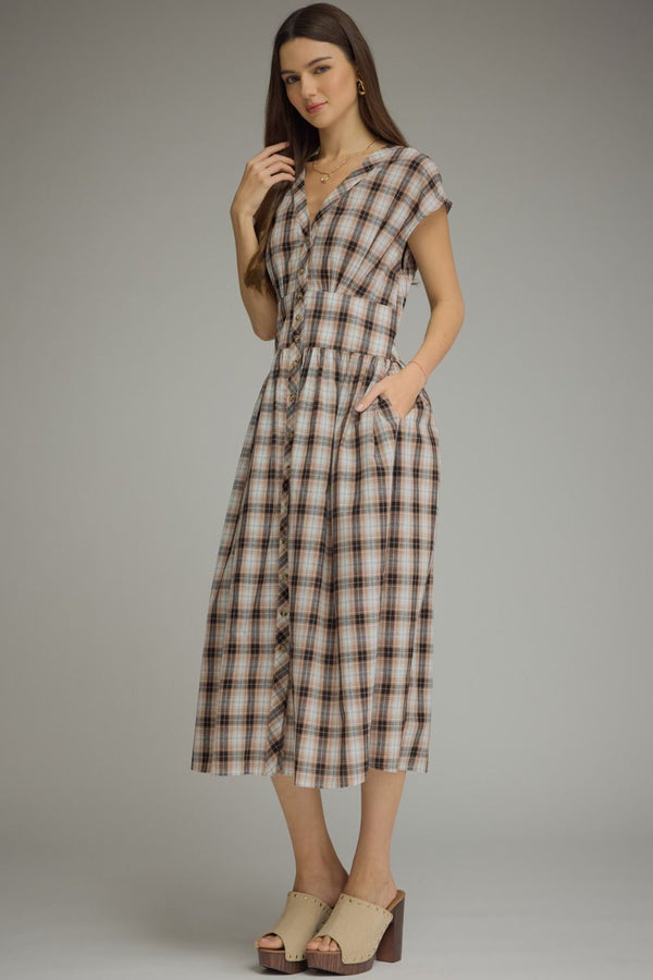 Plaid Button Midi Dress | Mocha