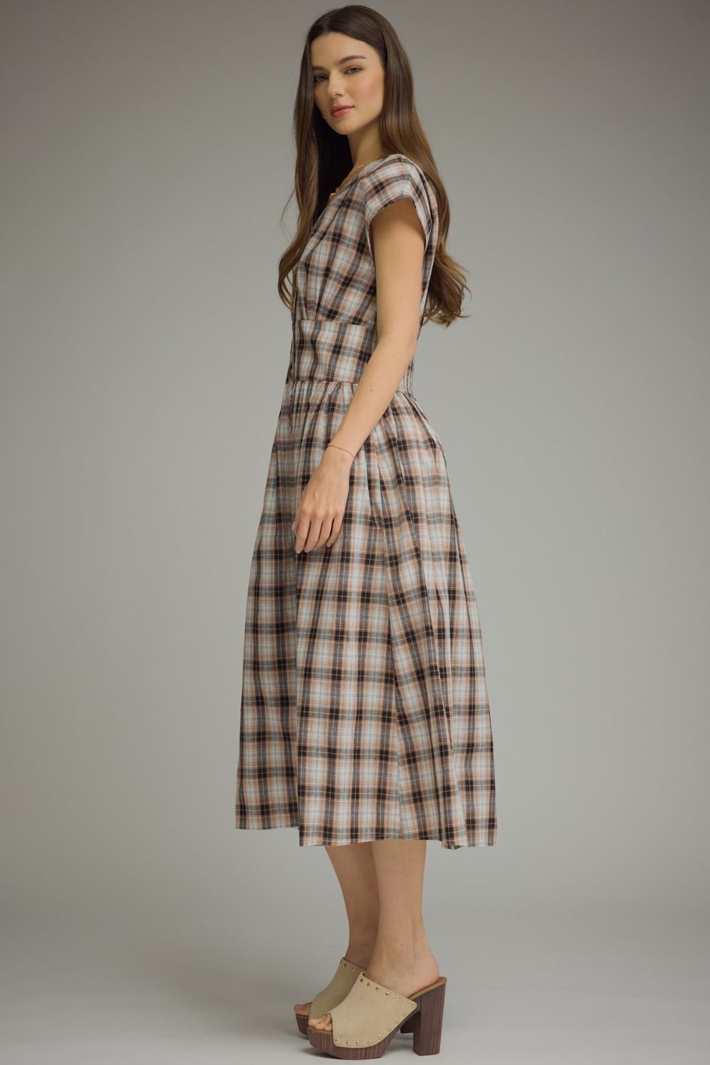 Plaid Button Midi Dress | Mocha
