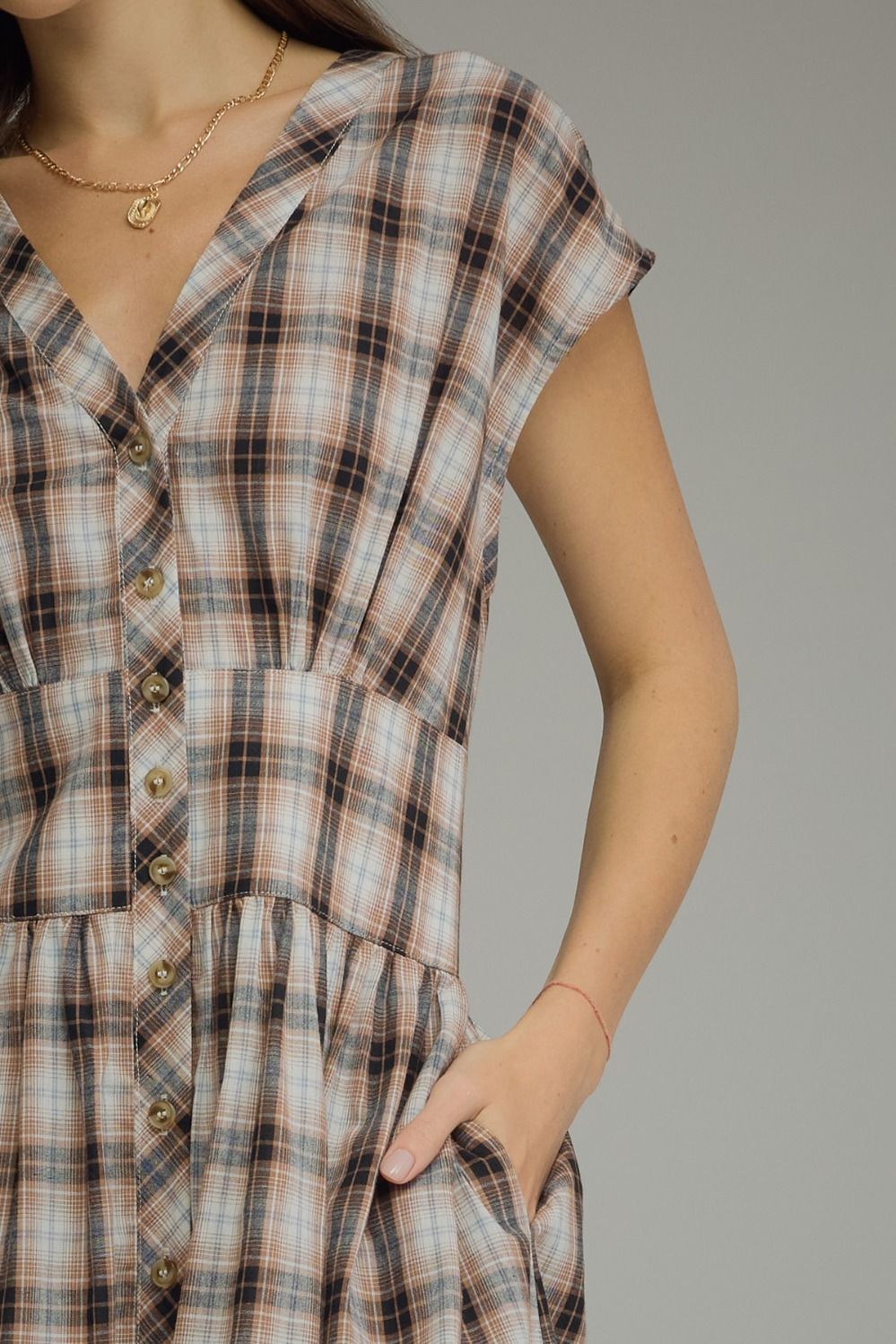 Plaid Button Midi Dress | Mocha