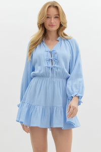 Bow Detail Long Sleeve Romper | Blue