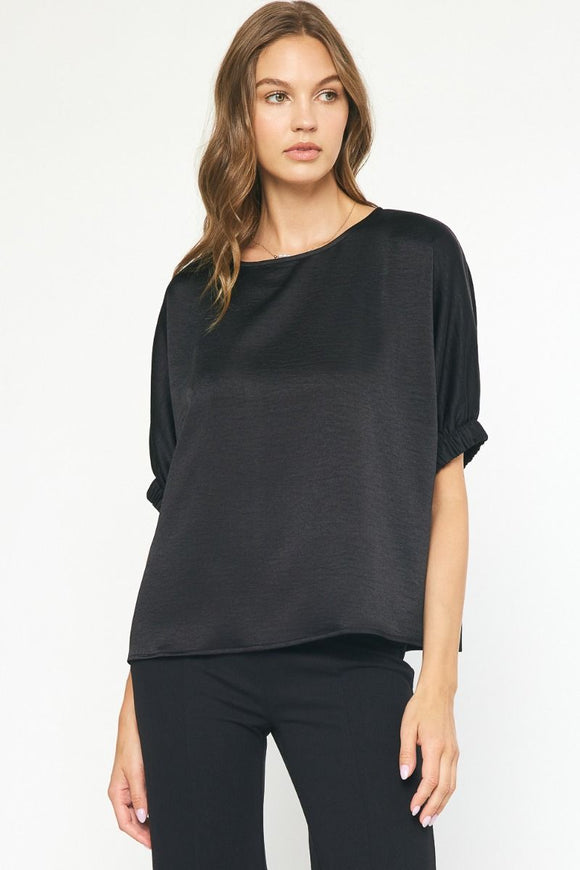 Satin Elasticized Sleeve Top | Black