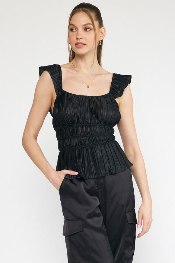 Pleated Satin Ruffle Top | Black