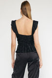 Pleated Satin Ruffle Top | Black