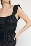 Pleated Satin Ruffle Top | Black
