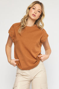 Studded Cotton Boxy Top | Brown