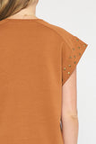 Studded Cotton Boxy Top | Brown