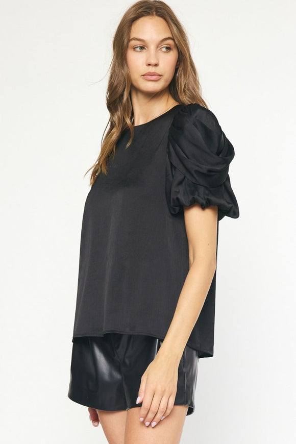 Satin Ruched Sleeve Top | Black
